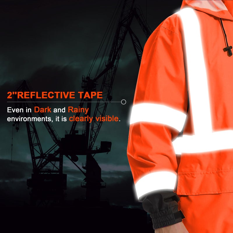DPSAFETY Reflective Rain jackets for men waterproof,Hi Vis Safety Coat With Reflective Strips,High Visibility Class 3 Rain jackets With 2 large pockets,Zipper,Black Bottom Orange,LG/XL - Image 3